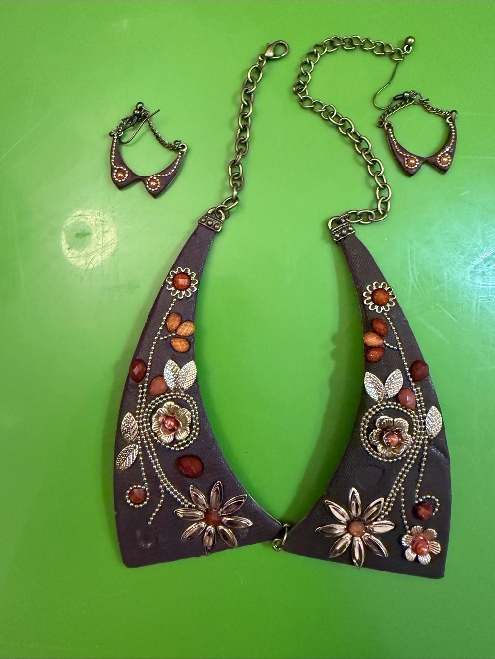 Brown Beaded Floral Statement Necklace and Earring Set
